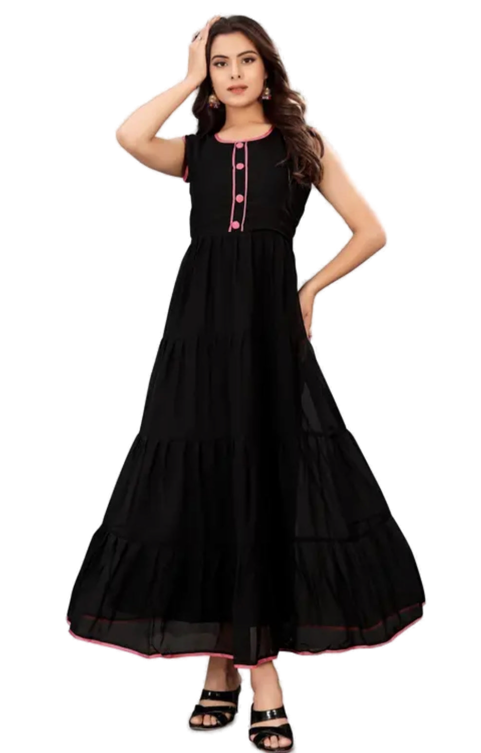 Women’s Black Indo-Western Georgette Gown Elegant Long Flared Ethnic Dress Party, Festive & Wedding Wear - Western Wear - front view | Villows DTrendz