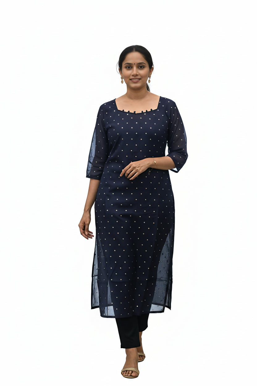 Women’s Navy Blue Chanderi Silk Kurti - Indian Ethnic Wear - front view | Villows DTrendz