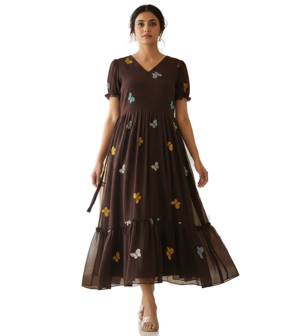 Women’s Dark Brown Designer Butterfly Midi Dress - Western Wear - front view | Villows DTrendz