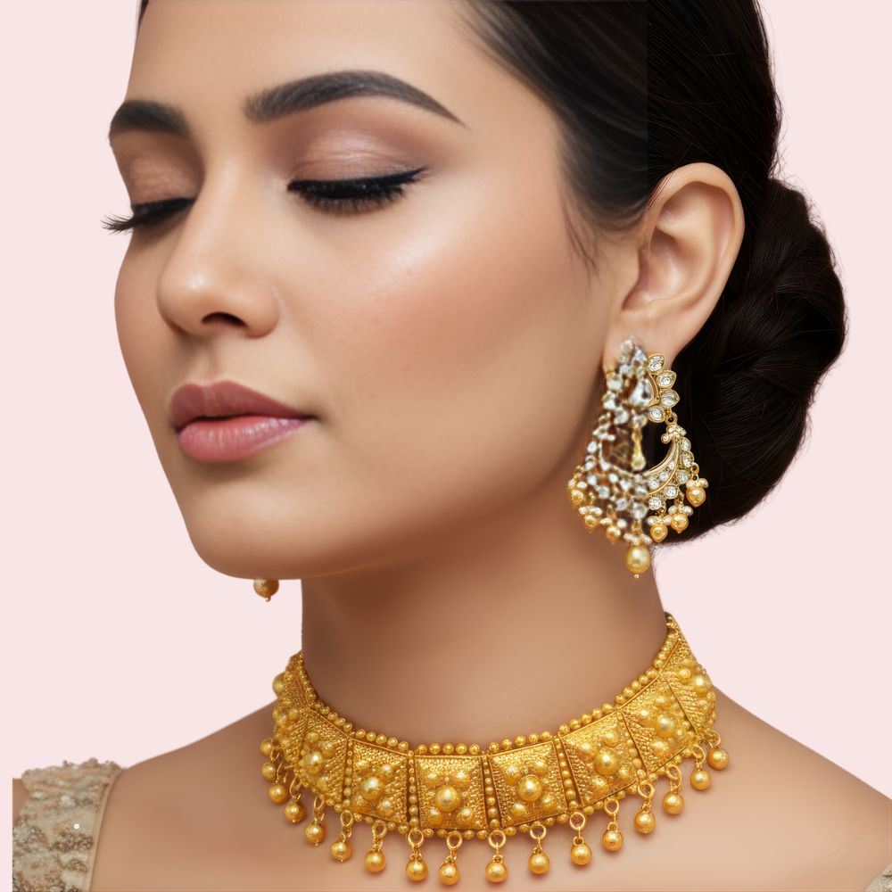 Women's Gold Kundan-Style Necklace, Charming Gold Necklace Set - Apparel - front view | Snazzyway