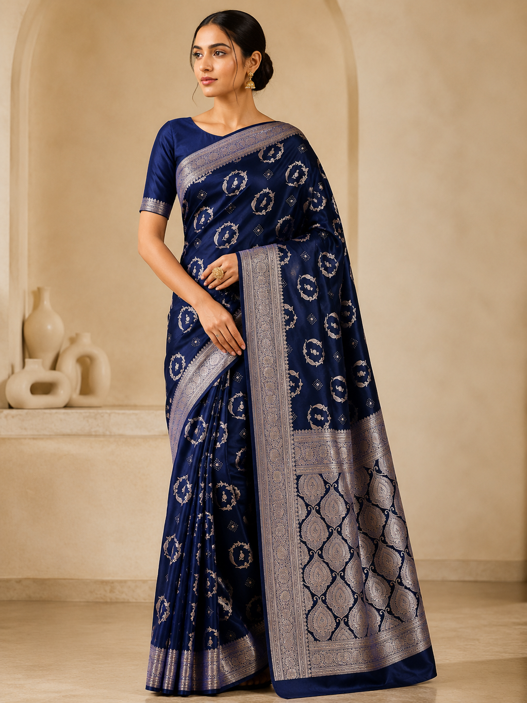 Navy Blue Mashru Silk Zari Work Designer Banarasi Saree - front view | Weave365