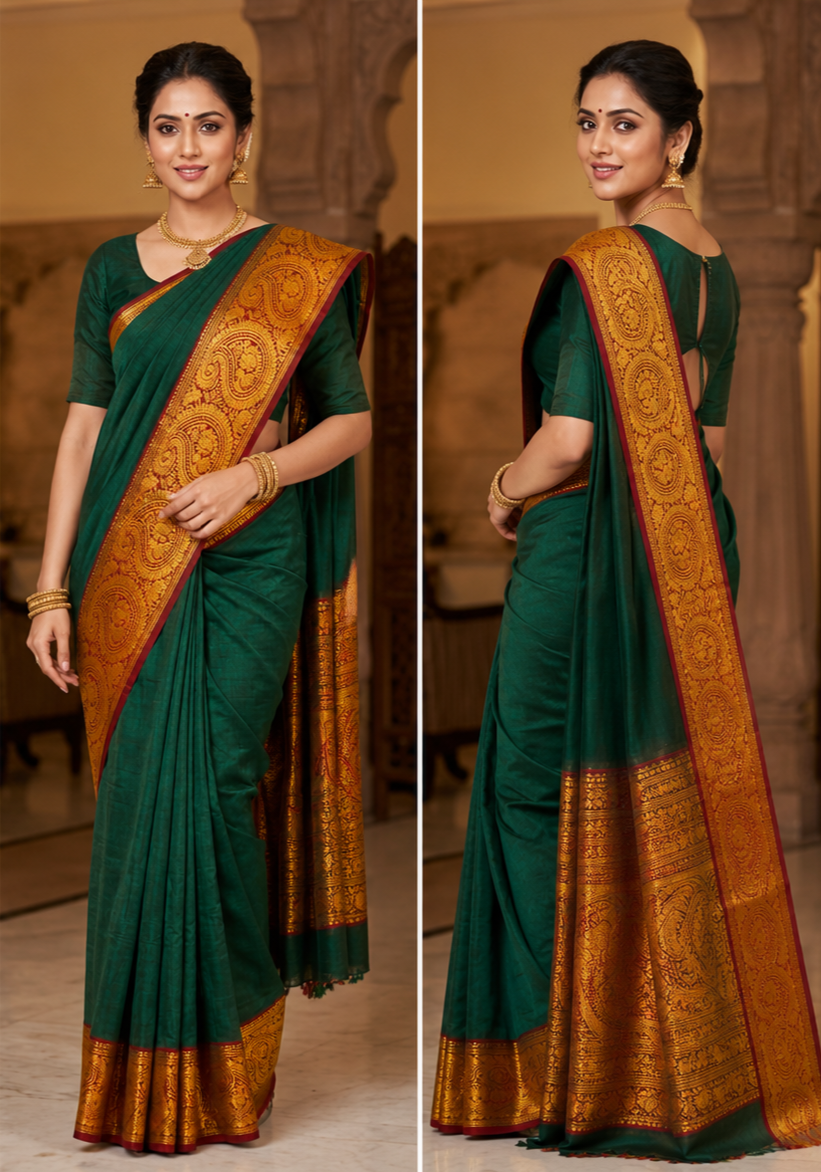 Bottle Green Narayanpet Cotton Saree – Gold Zari Ruby Red Border - Indian Ethnic Wear - back view | Chindak Textiles