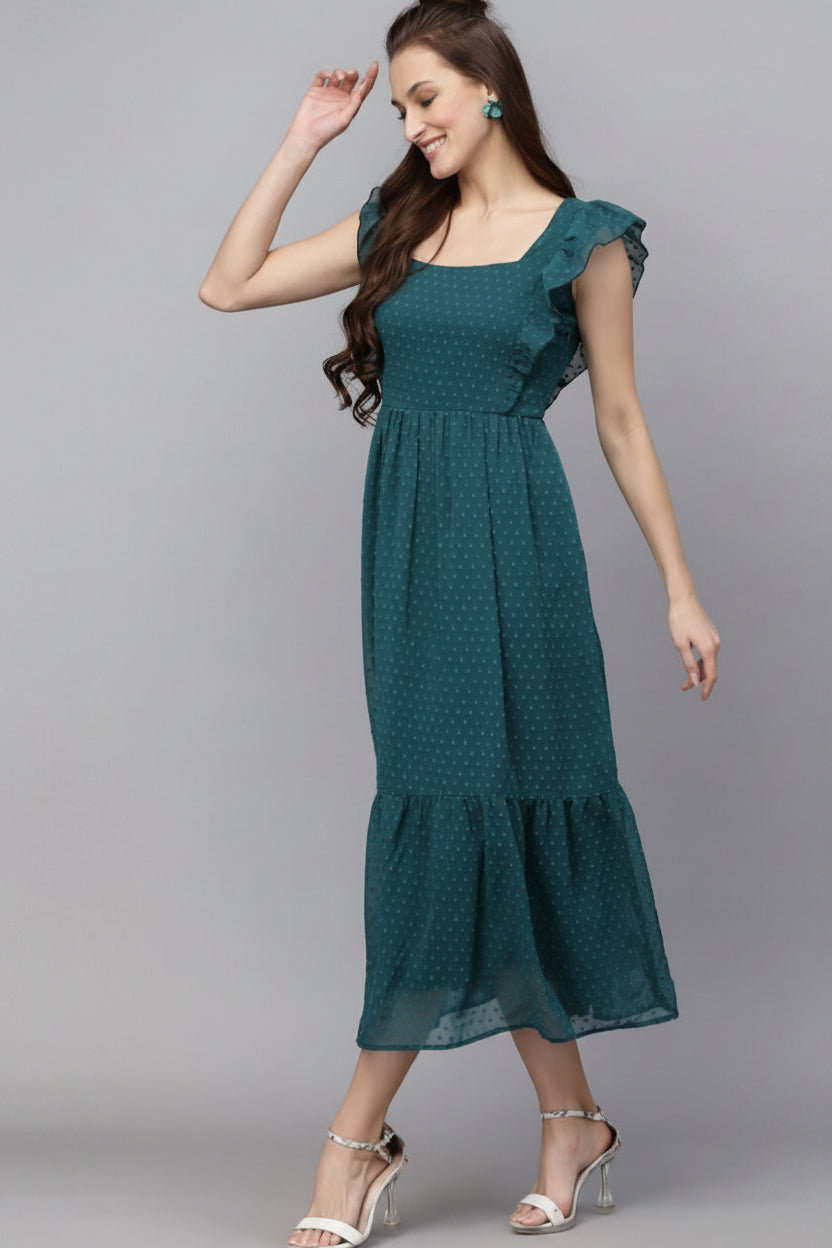 Women’s Green Indo-Western Georgette Gown Elegant Long Flared Ethnic Dress Party, Festive & Wedding Wear - Western Wear - front view | Villows DTrendz