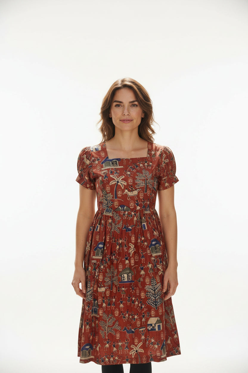 Women’s Red Hand-Painted Kalamkari Midi Dress Handcrafted Frock Gown & Kurti - Indian Ethnic Wear - front view | Villows DTrendz