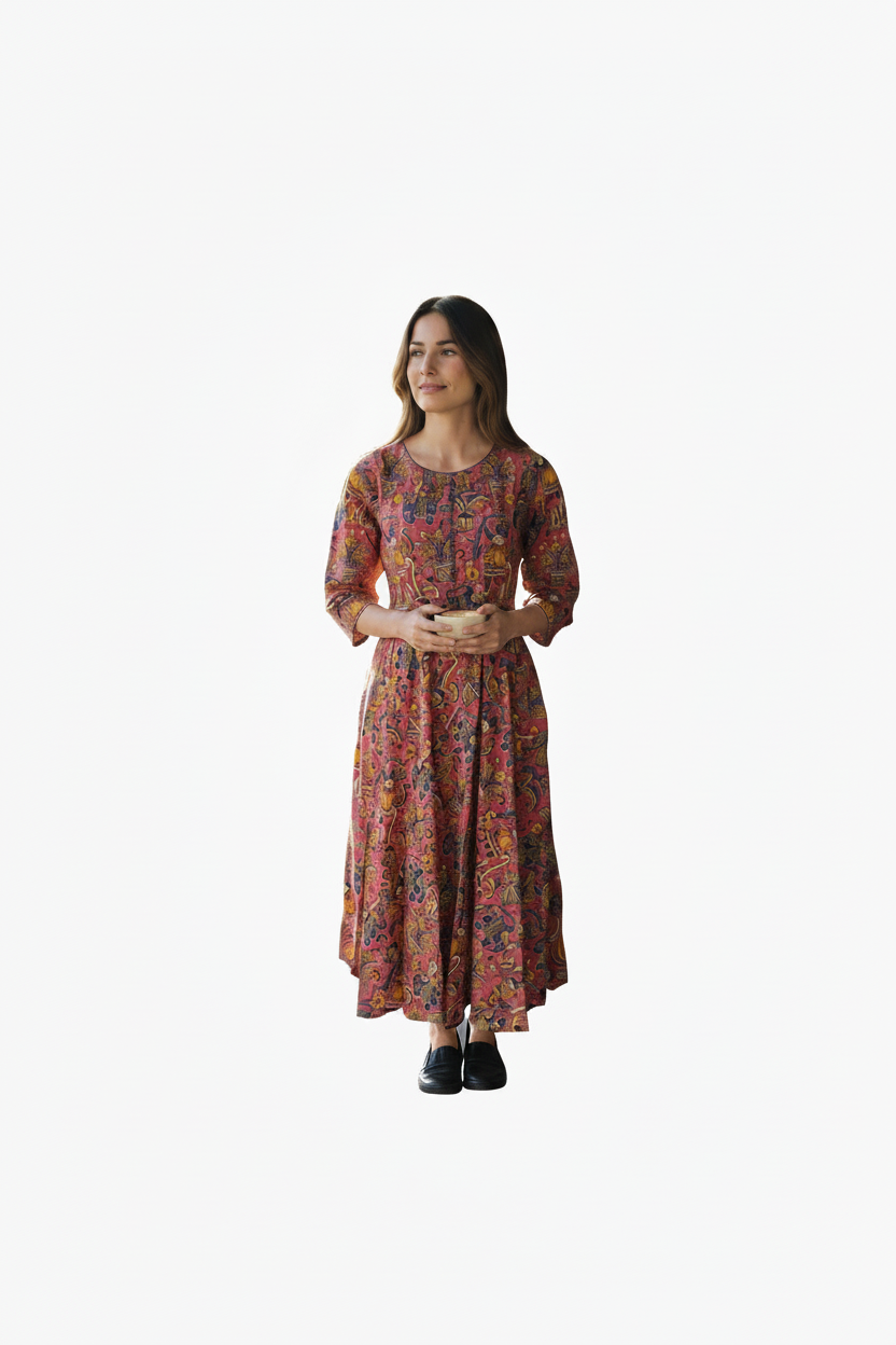 Women’s Pink Hand-Painted Kalamkari Midi Dress Handcrafted Frock Gown & Kurti - Indian Ethnic Wear - front view | Villows DTrendz