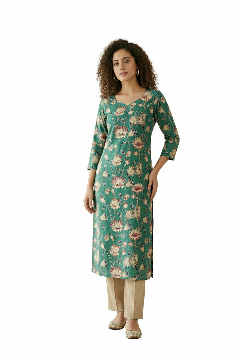 Women’s Green Hand-Painted Kalamkari Midi Dress Handcrafted Frock Gown & Kurti - Indian Ethnic Wear - front view | Villows DTrendz