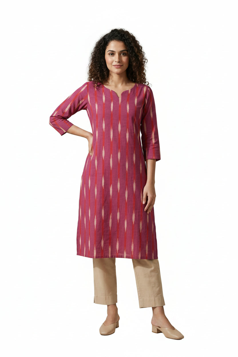 Women’s Pink Hand-Painted Kalamkari Midi Dress Handcrafted Frock Gown & Kurti - Indian Ethnic Wear - front view | Villows DTrendz
