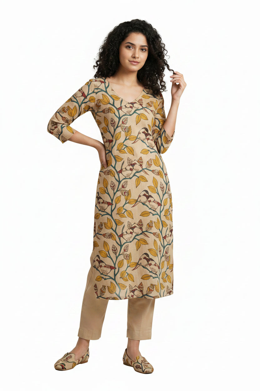 Women’s Sandal Hand-Painted Kalamkari Midi Dress Handcrafted Frock Gown & Kurti - Indian Ethnic Wear - front view | Villows DTrendz