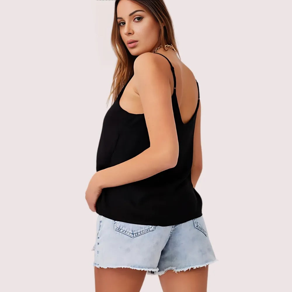 Women's Black Silk Camisole, Opulent Black Cami Top - Apparel - close-up detail view | Snazzyway