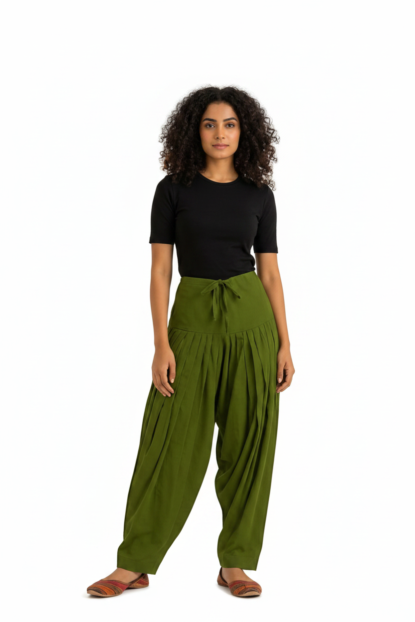 Women’s Mehandi Green Jaipur Cotton Patiala Pants - Indian Ethnic Wear - front view | Villows DTrendz