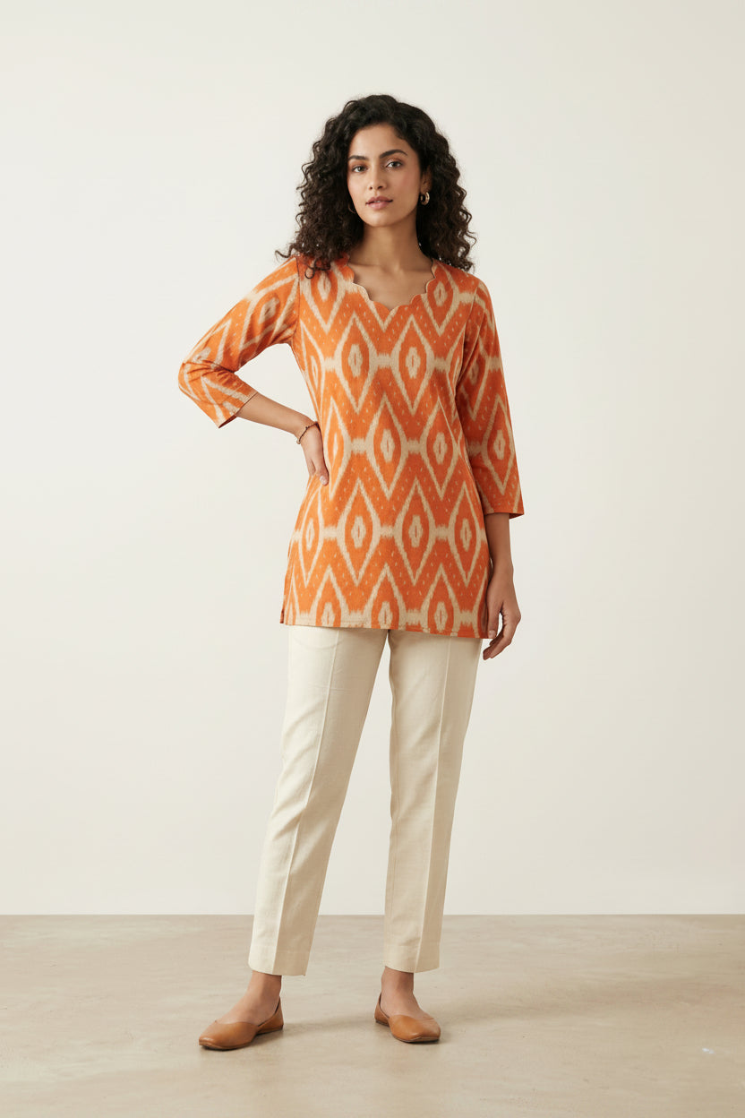 Women’s Orange Hand-Painted Kalamkari Short Top Handcrafted Kalamkari Kurti Elegant Ethnic & Casual Wear - Indian Ethnic Wear - front view | Villows...
