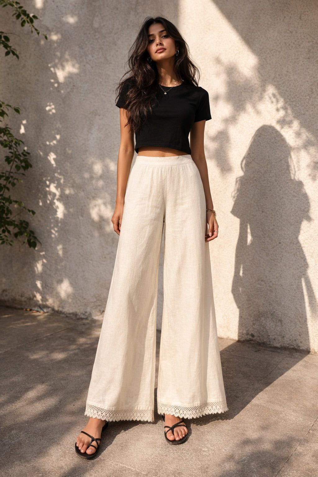 Women’s Beige Wide Leg Palazzo Pants Full-Length Versatile Bottom Wear for Kurtis Comfortable Casual Trousers - Indian Ethnic Wear - front view |...