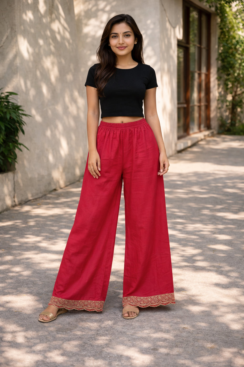 Women’s Cherry Wide Leg Palazzo Pants Full-Length Versatile Bottom Wear for Kurtis Comfortable Casual Trousers - Indian Ethnic Wear - front view |...
