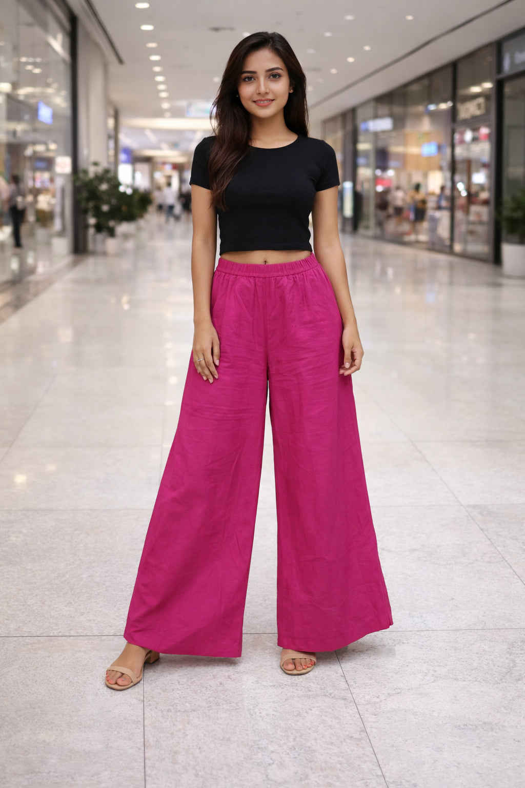 Women’s Rani Pink Wide Leg Palazzo Pants Full-Length Versatile Bottom Wear for Kurtis Comfortable Casual Trousers - Indian Ethnic Wear - front view |...