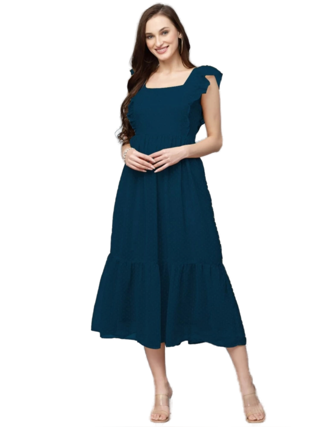 Women’s Peacock Blue Indo-Western Georgette Gown Elegant Long Flared Ethnic Dress Party, Festive & Wedding Wear - Western Wear - front view | Villows...