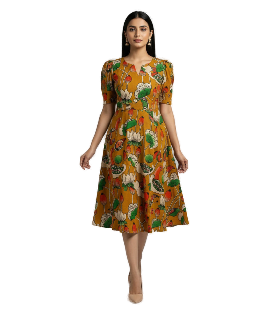 Women’s Mustard Yellow Premium Raw Silk Gown Elegant Long Flared Ethnic Dress - Western Wear - front view | Villows DTrendz