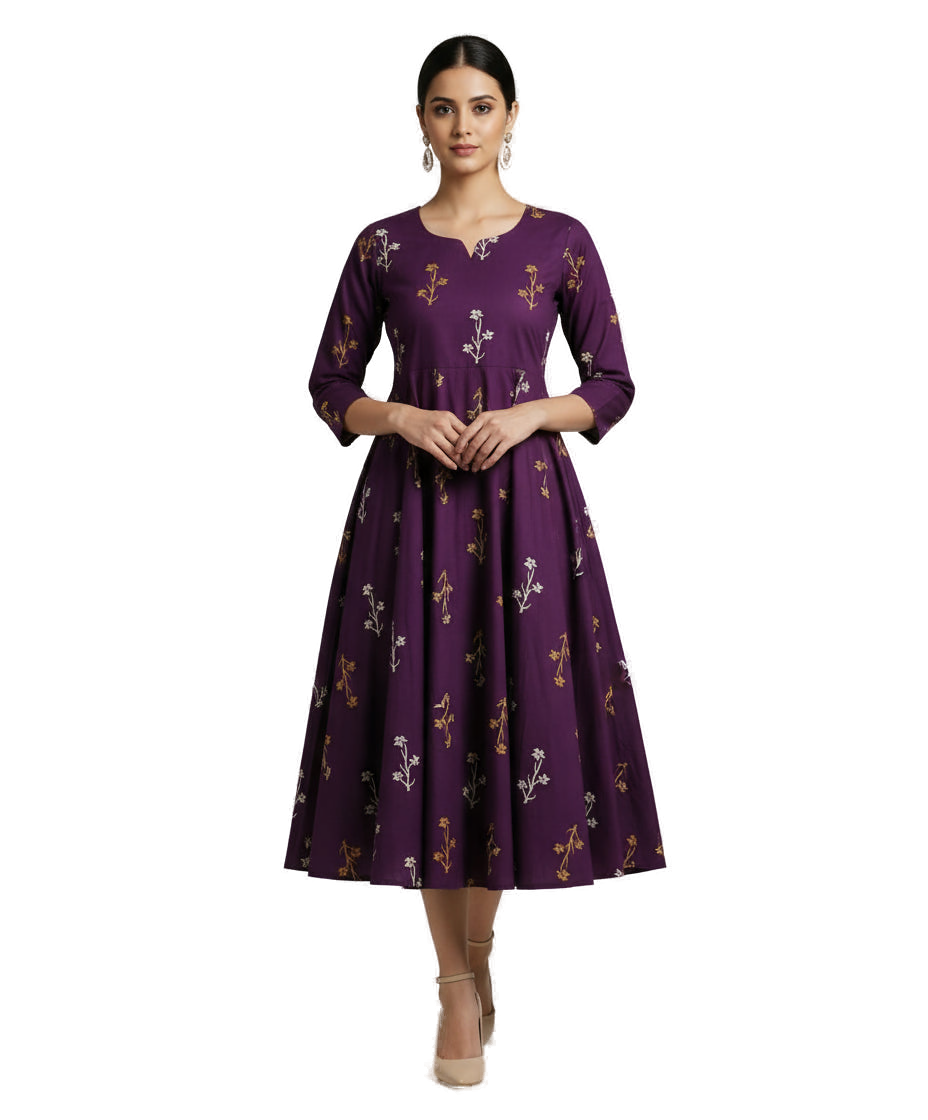 Women’s Purple Premium Raw Silk Gown Elegant Long Flared Ethnic Dress - Western Wear - front view | Villows DTrendz