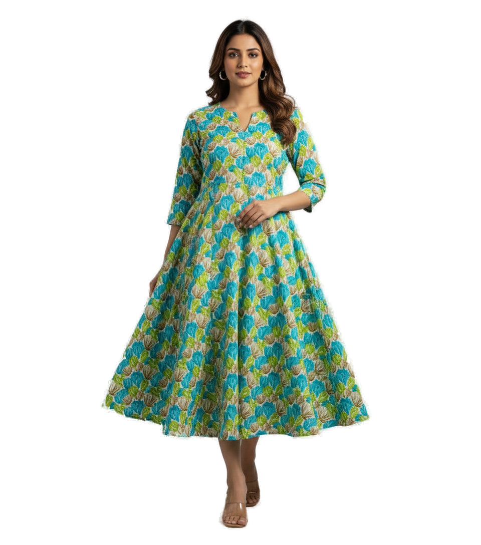 Women’s Sky Blue with Green Premium Raw Silk Gown Elegant Long Flared Ethnic Dress - Western Wear - front view | Villows DTrendz