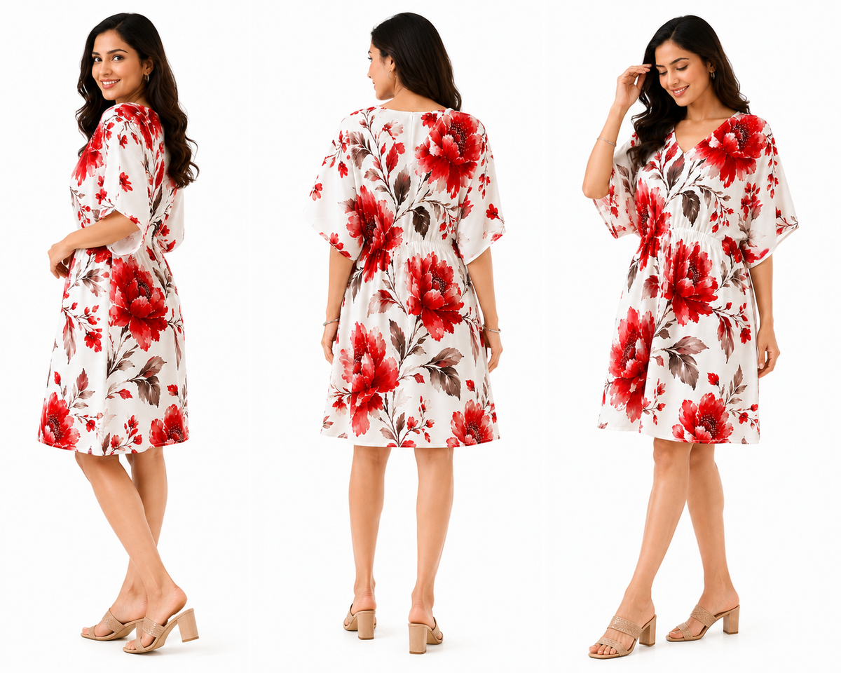 Red & White Floral Kaftan Midi Dress for Women - Western Wear - styled full look | Qikink
