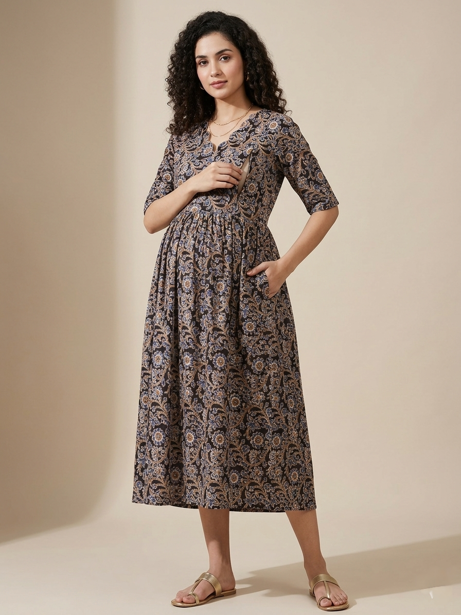 Women’s Black Cotton Maternity Feeding Kurti Nursing long Frock for Breastfeeding Comfortable Everyday Wear - Indian Ethnic Wear - front view | Villows...
