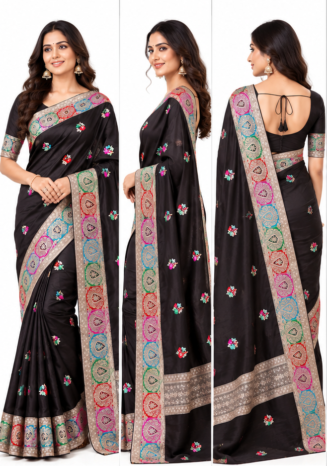 Black Mashru Silk Resham and Zari Work Designer Banarasi Saree