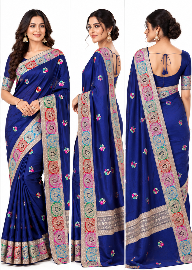 Blue Mashru Silk Resham and Zari Work Designer Banarasi Saree