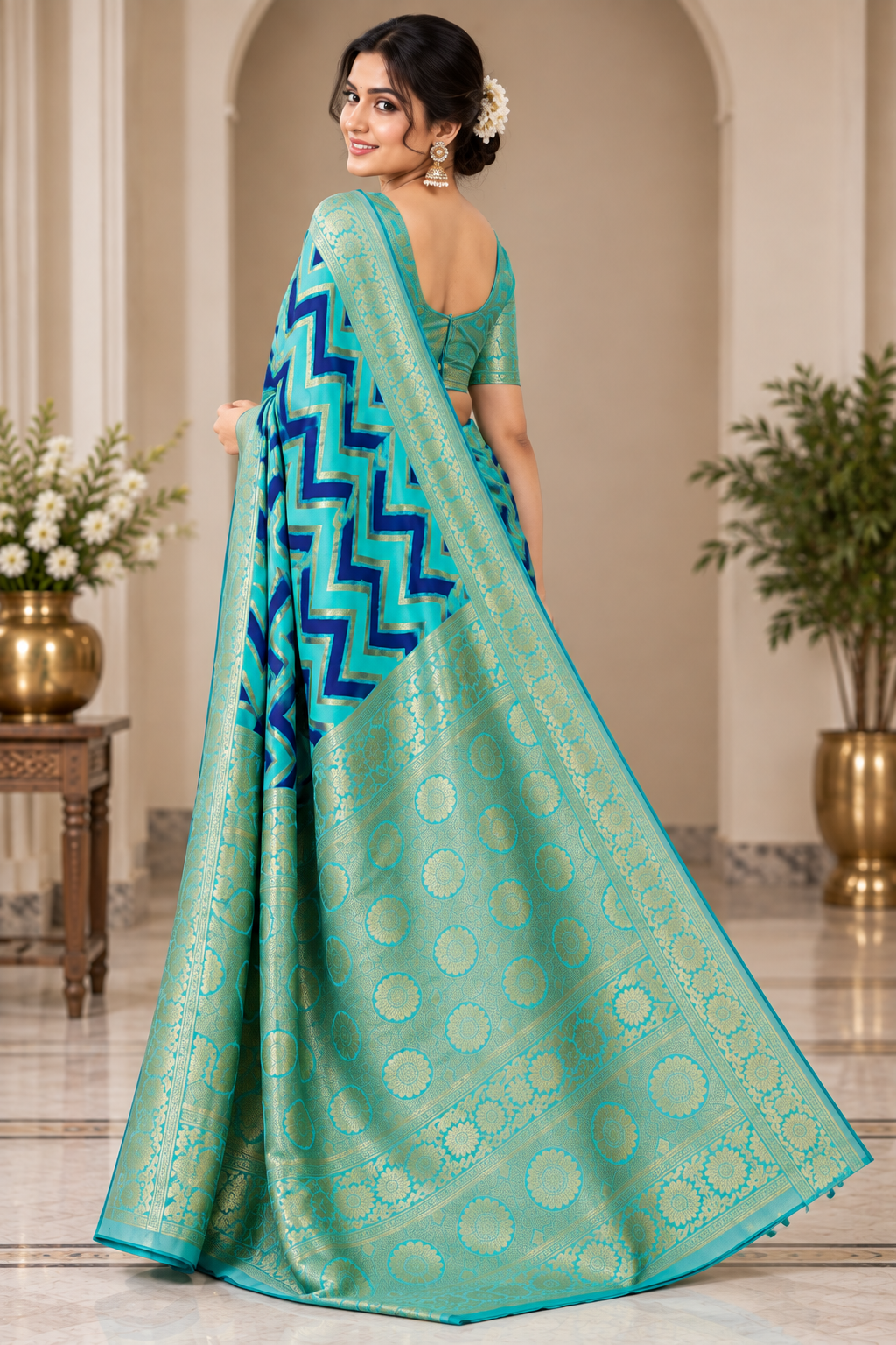Turquoise Green Katan Silk Rangkat Work Designer Banarasi Saree