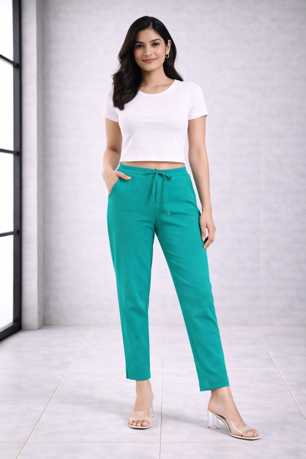 Women's Linen Cotton High Waist Straight Fit - Rama Green - Western Wear - front view | Villows DTrendz