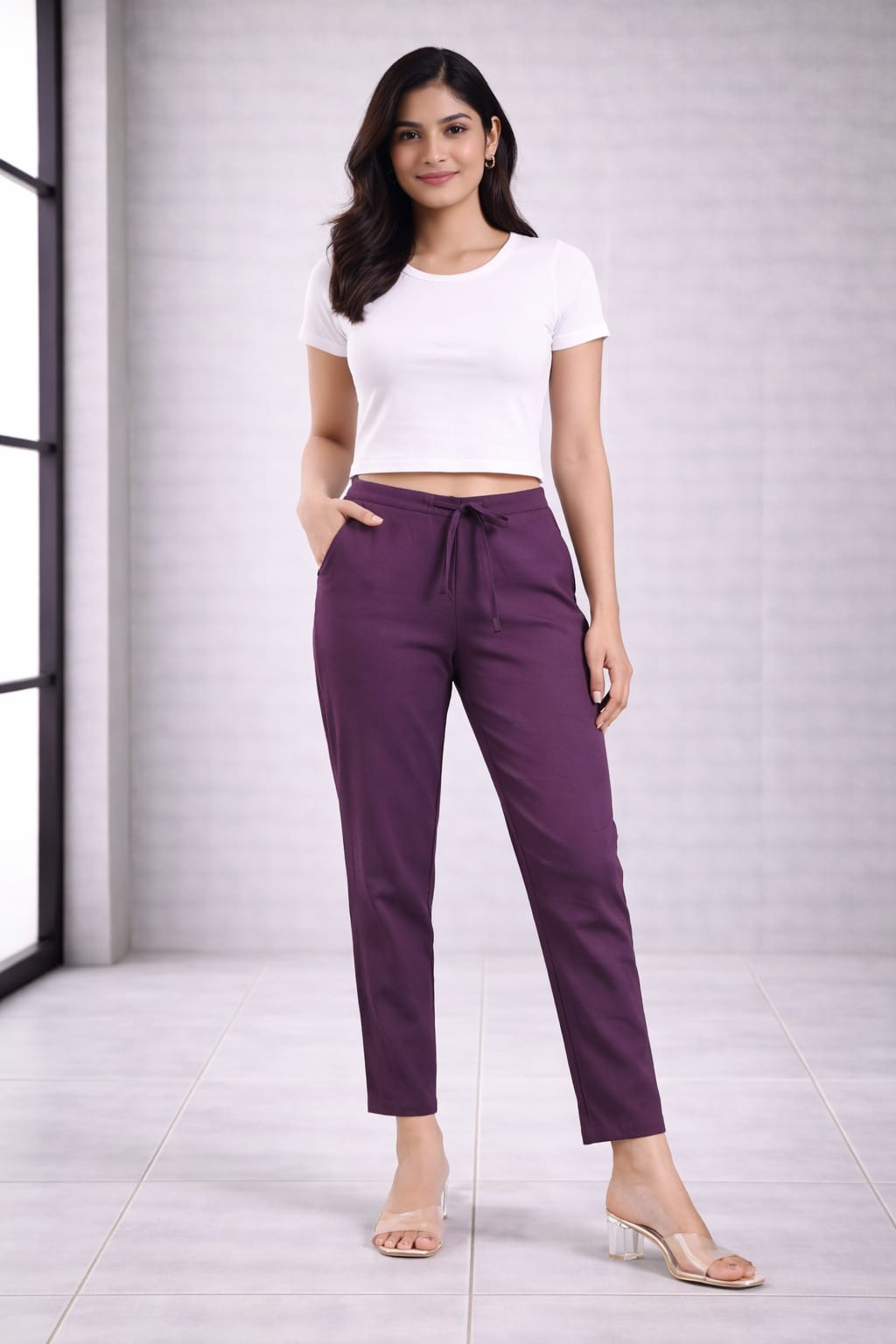 Women's Linen Cotton High Waist Straight Fit - Plum - Western Wear - front view | Villows DTrendz