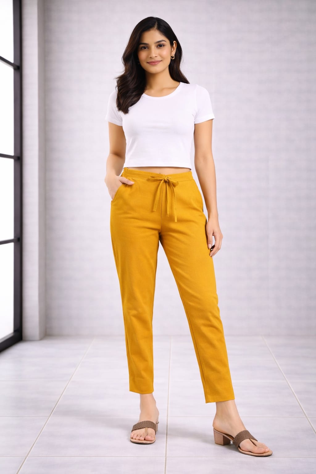 Women's Linen Cotton High Waist Straight Fit - Mustard Yellow - Western Wear - front view | Villows DTrendz