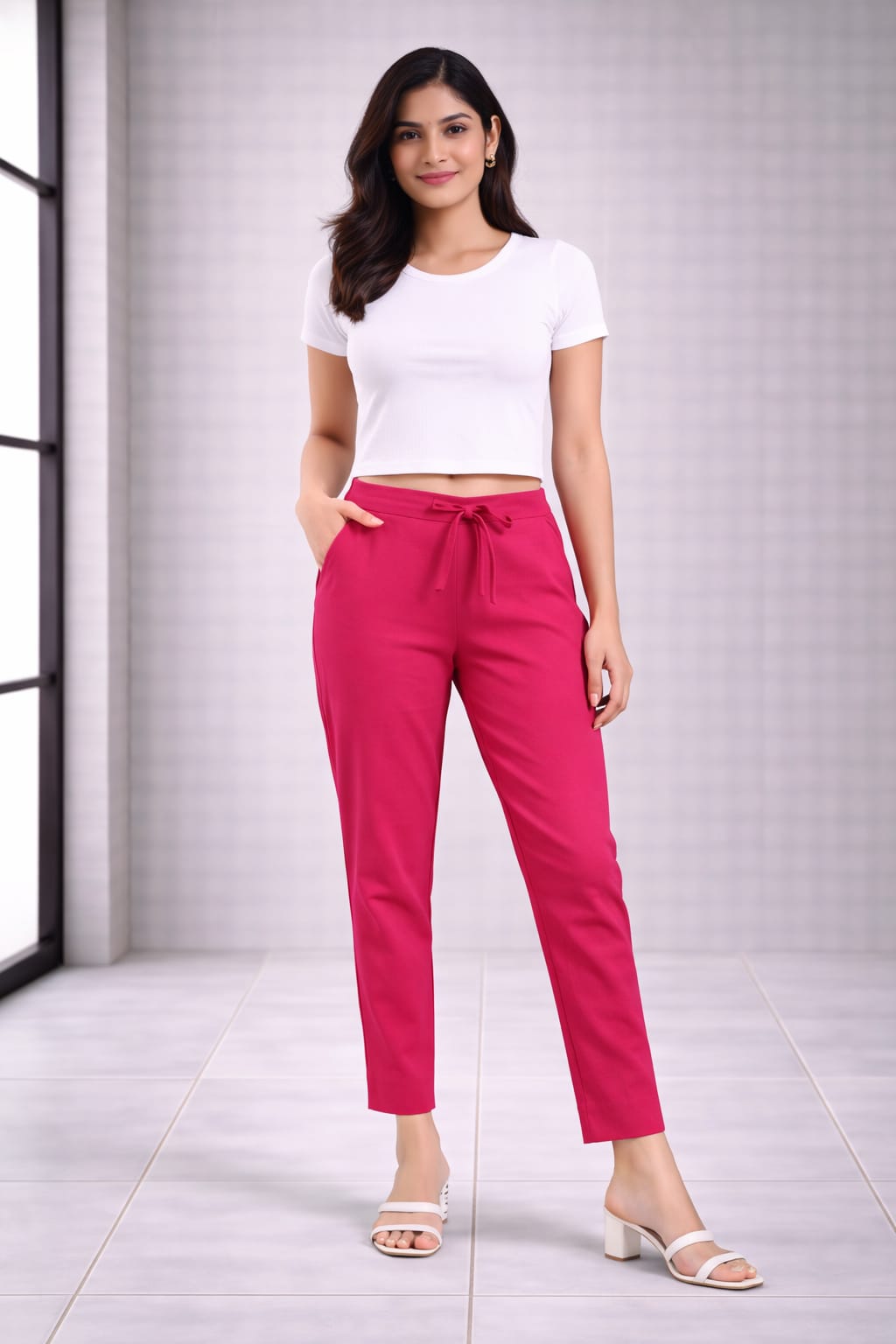 Women's Linen Cotton High Waist Straight Fit - Rani Pink - Western Wear - front view | Villows DTrendz