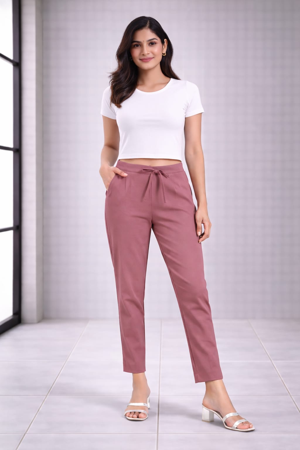 Women's Linen Cotton High Waist Straight Fit - Onion Pink - Western Wear - front view | Villows DTrendz