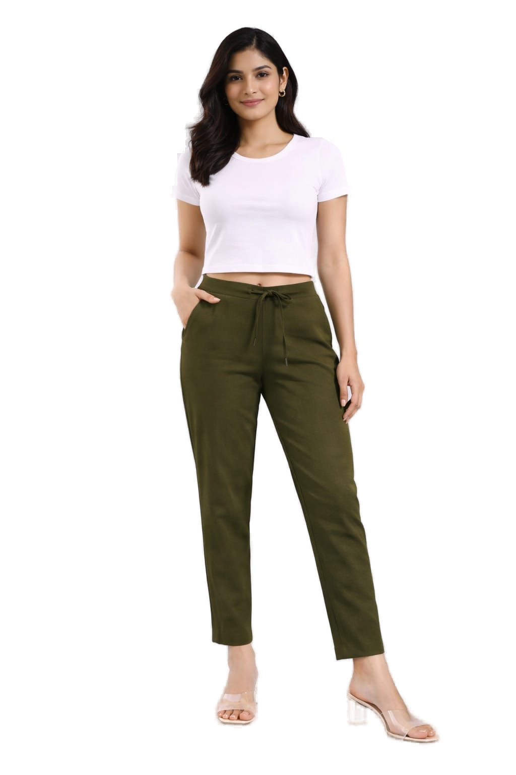 Women's Linen Cotton High Waist Straight Fit - Mehndi Green - Western Wear - front view | Villows DTrendz