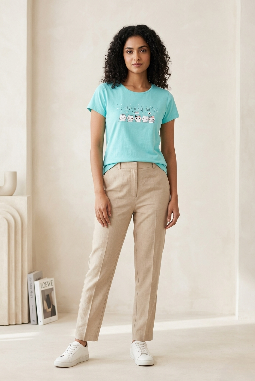 Women’s Ice Blue T-Shirt Casual Cotton Tee for Women Stylish Everyday Wear - Western Wear - front view | Villows DTrendz