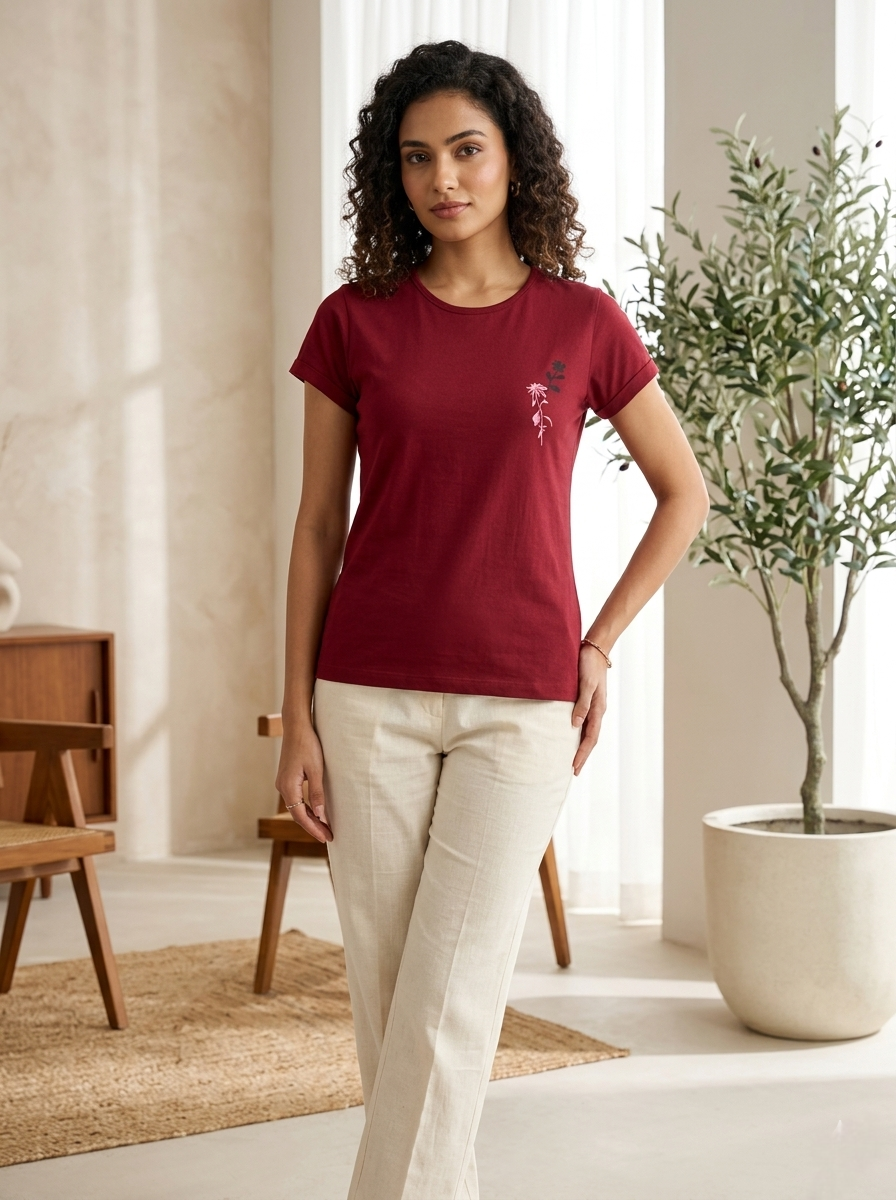 Women’s Maroon T-Shirt Casual Cotton Tee for Women Stylish Everyday Wear - Western Wear - front view | Villows DTrendz