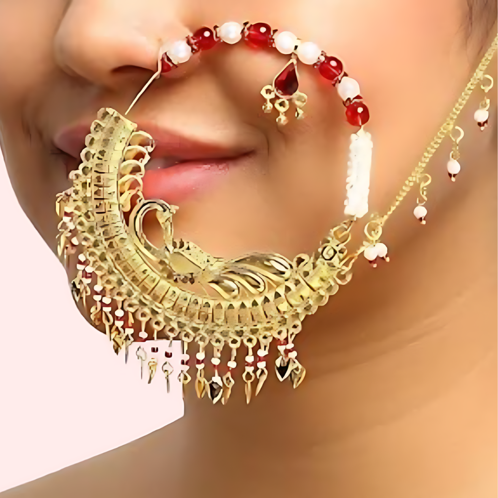 Women's Golden Gold-Plated Nose Ring, Elegant Golden Bridal Nath - Apparel - close-up detail view | Snazzyway