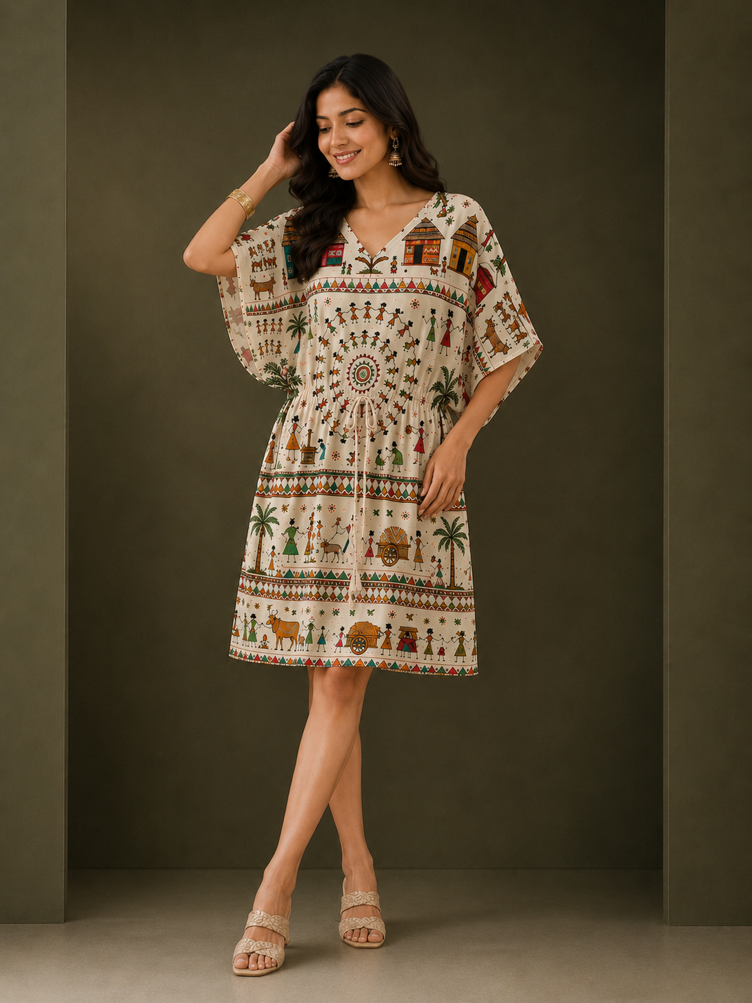 Warli Art Kaftan Midi Dress for Women - Western Wear - back view | Qikink