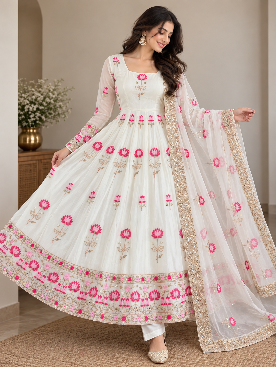 Off-White Fendi Silk Anarkali Gown Set - editorial studio full length standing model view showing complete floor-length full-flare Anarkali with all-over scattered hot pink and blush lotus flower embroidery, wide multi-row lotus floral hem border with gold sequence bands, full sheer sleeves with gold cuff, square neckline, and matching net dupatta with pink lotus butti and wide gold sequence border