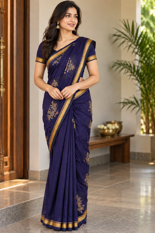 Navy blue Samruddhi Kolam handloom saree with gold zari border, front view