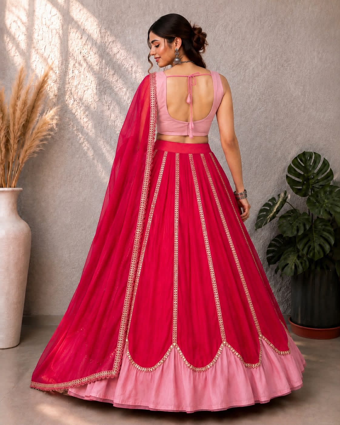 Crimson Red & Pink Sequin Lehenga Choli Set - Western Wear - close-up detail view | Nardev Fashions