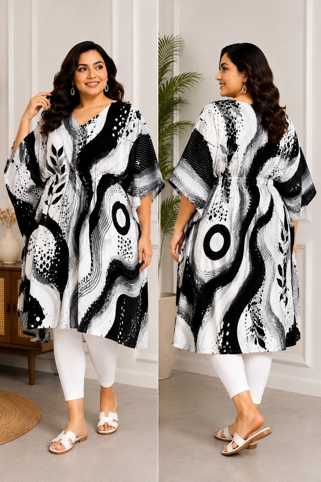 Black & White Abstract Print Kaftan Dress – Plus Size - Western Wear - close-up detail view | Qikink