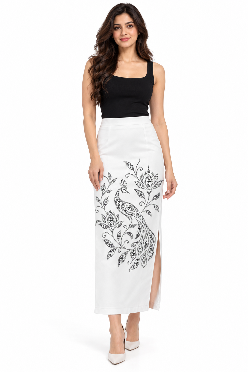 Indian Languages Art Printed White Stretchable Long Pencil Skirt for Women