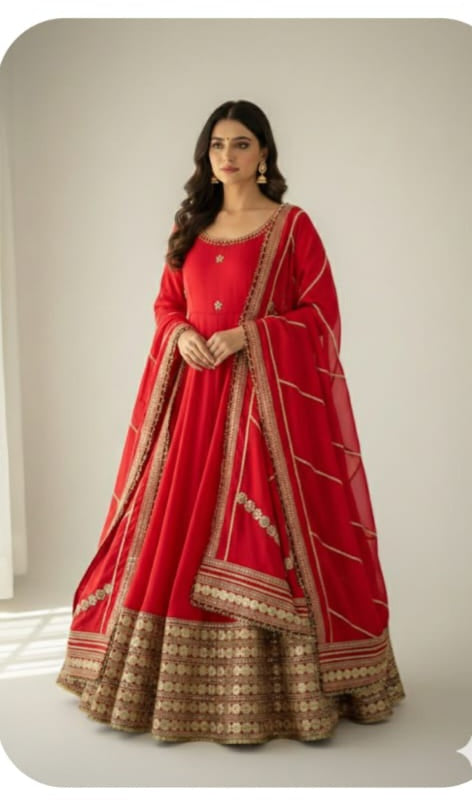 Bridal Red Chinon Silk Anarkali Gown Set - studio full length standing model view showing complete 52-54 inch Anarkali gown with scattered gold sequence floral butti body, dense gold sequence floral daisy hem border and matching red dupatta with diagonal gold sequence stripes