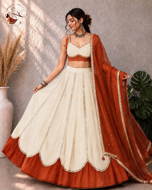 Ivory White & Rust Orange Sequin Lehenga Choli Set - Western Wear - front view | Nardev Fashions