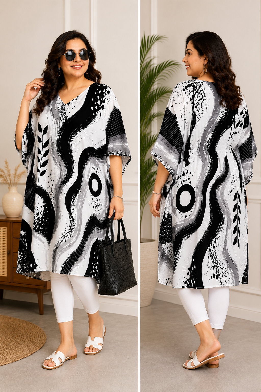 Black & White Abstract Print Kaftan Dress – Plus Size - Western Wear - front view | Qikink
