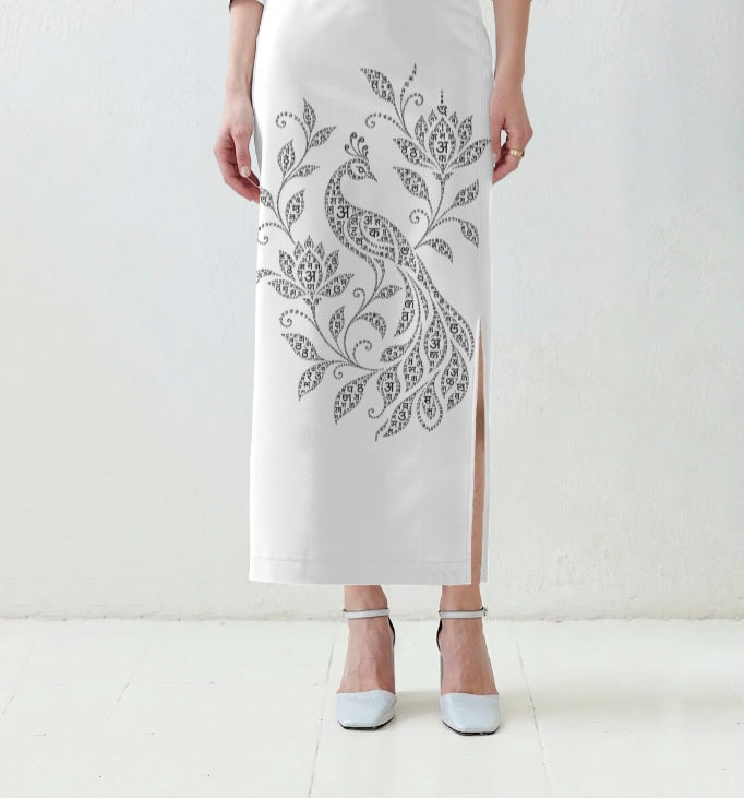 Indian Languages Art Printed White Stretchable Long Pencil Skirt for Women