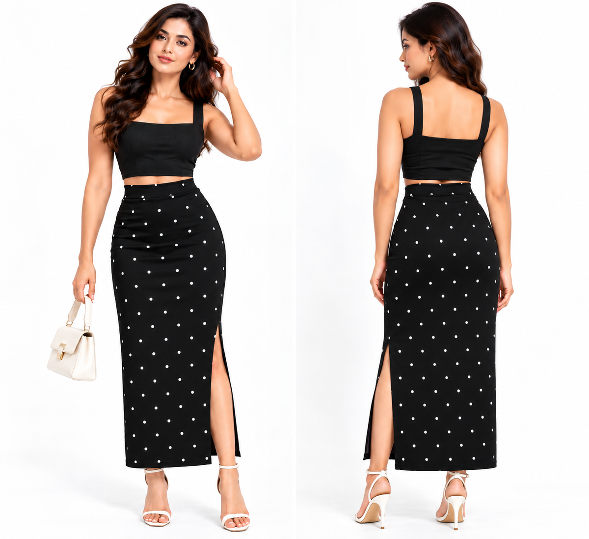 Women's Black Stretchable Long Pencil Skirt with White Polka Dot Print and Side Slit