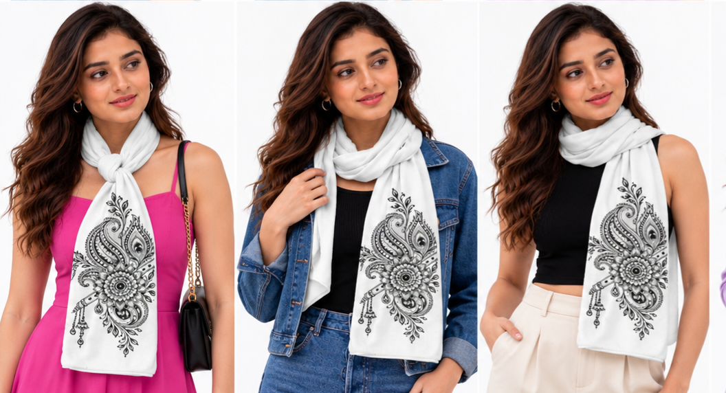 Ajaini Krishna-Inspired Paisley Mural Art Stole for Women – Soft Polywoven Satin