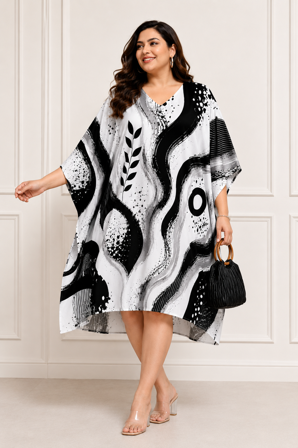 Black & White Abstract Print Kaftan Dress – Plus Size - Western Wear - model wearing | Qikink