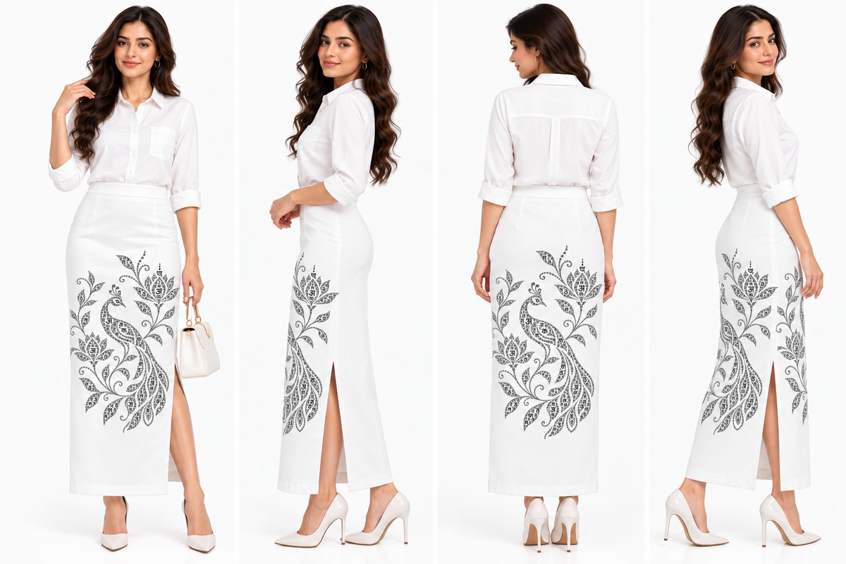 Indian Languages Art Printed White Stretchable Long Pencil Skirt for Women
